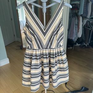 J Crew gold cream, and gray striped cocktail dress